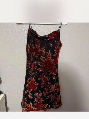 Princess Polly Black Slip Dress with Red and Gold Floral Burnout